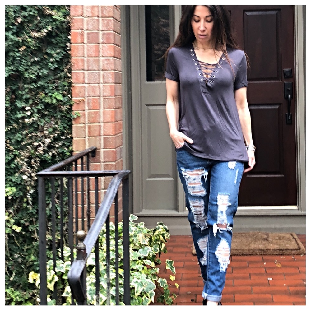 ✨LAST ONE ✨Boyfriend lace up loose fit top - Picture 2 of 7